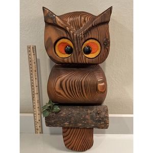 Huge Wooden Owl Wall Hanging Vintage Folk Art Mid Century 16” Handcrafted